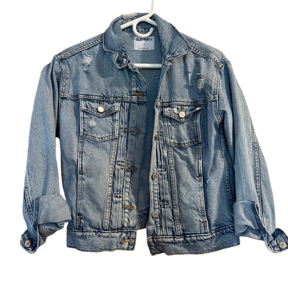 Old‎ Navy Womens Distressed Light Wash Denim Trucker Jacket Blue Small